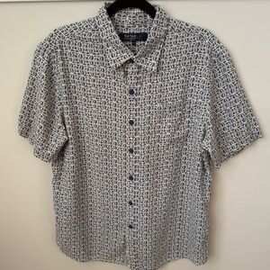 Nat Nast Basketweave Print Silk Blend Button Up Shirt Blue Ivory Short Sleeve M